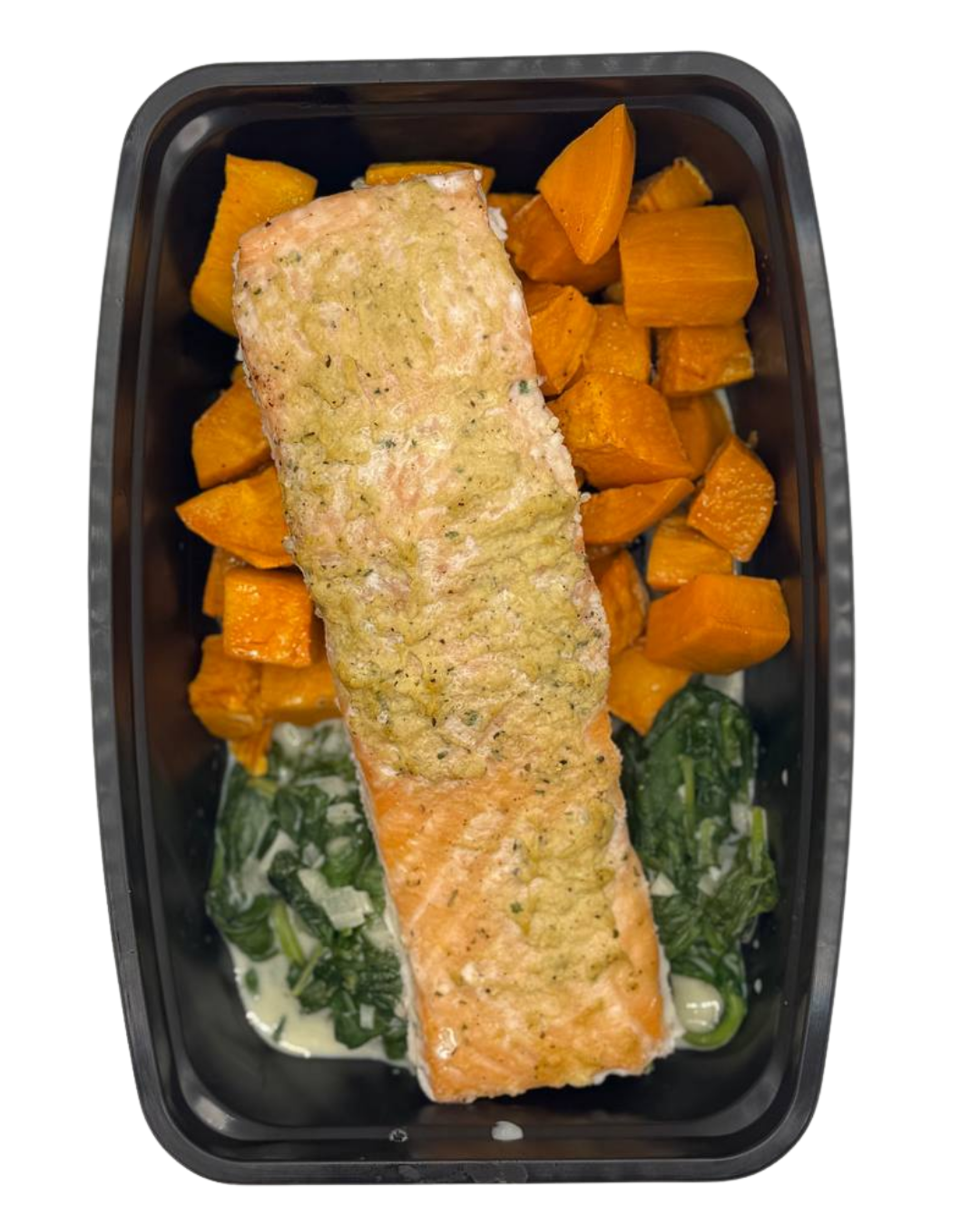 Baked Salmon with Creamy Spinach and Sweet Potatoes