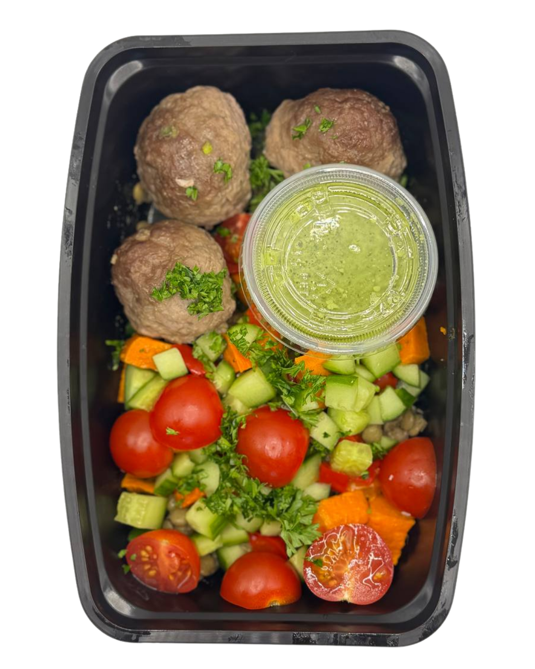 Beef Meatballs with Lentil Veggie Salad and Green Sauce