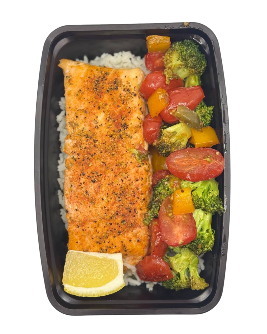 Blackened Salmon with sautéed Veggies and Rice